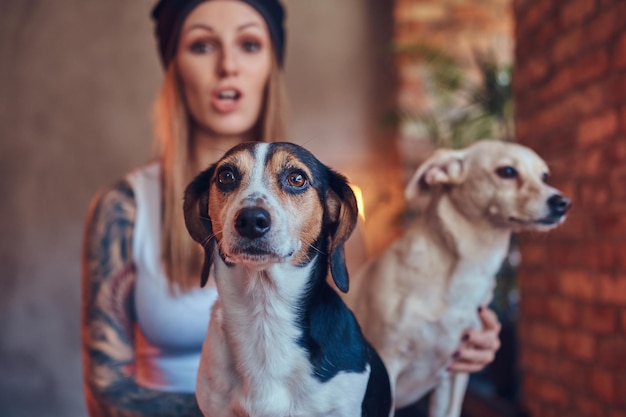 Free photo a stylish tattoed blonde female in t-shirt and jeans embraces two cute dogs.