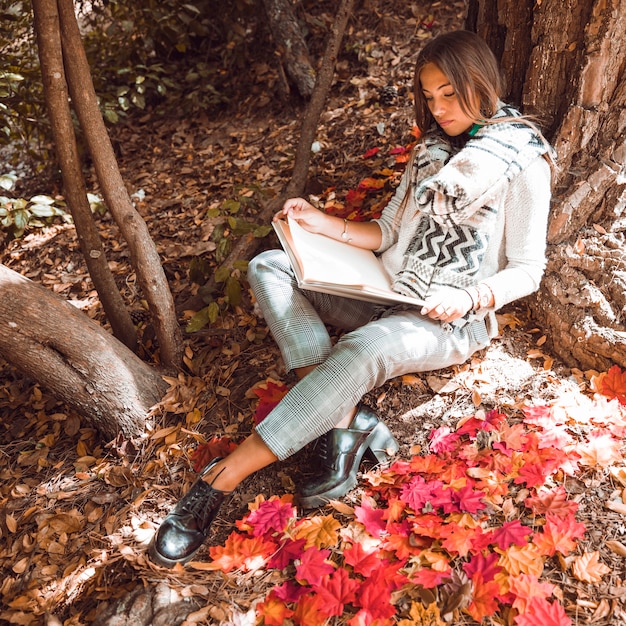 Stylish woman reading in autumn forest