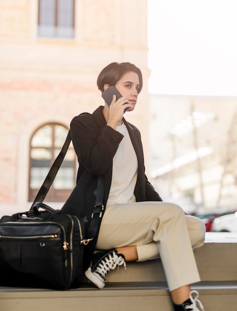 Free photo stylish woman talking on the phone