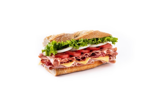 Submarine sandwich with ham cheese lettuce tomatoesonion mortadella and sausage isolated on white background