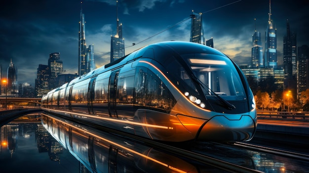 Free photo suburban highspeed train against the background of a night city with skyscrapers concept