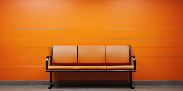 Free Photo subway station with a bright orange wall and a line of metallic benches