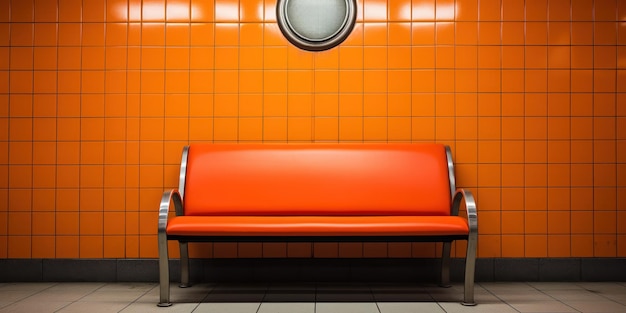 Free photo subway station with a bright orange wall and a line of metallic benches