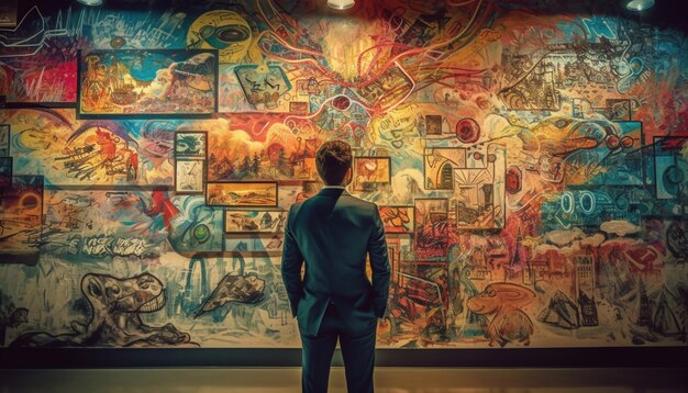 Successful businessman standing in front of abstract painting generated by AI