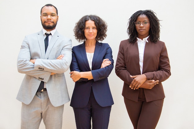 Successful diverse business team posing with arms folded