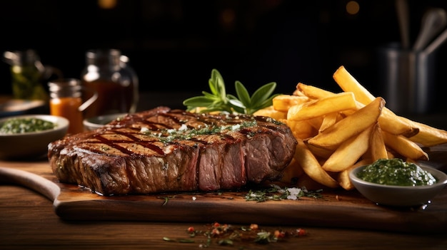 Free photo succulent steak paired with golden fries and rich sauces on wooden board