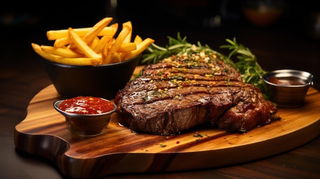 Free Photo succulent steak paired with golden fries and rich sauces on wooden board