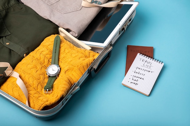 Free photo suitcase packed with travel paraphernalia