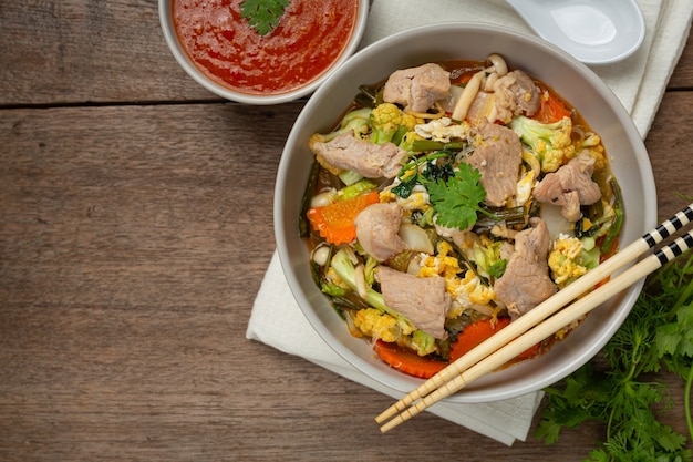 Sukiyaki pork served with suki spicy sauce