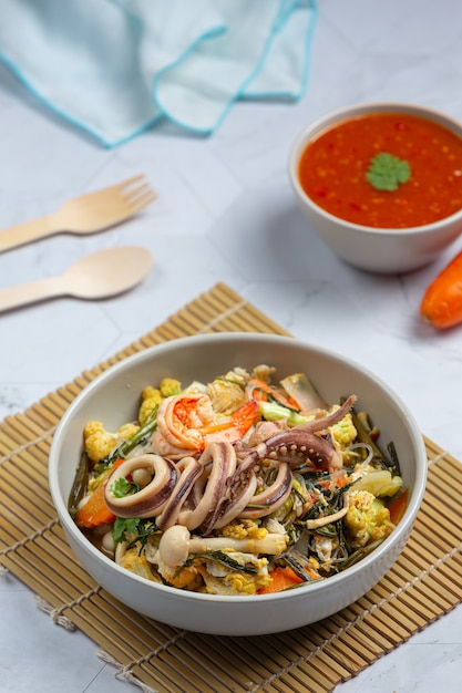 Sukiyaki seafood served with suki spicy sauce