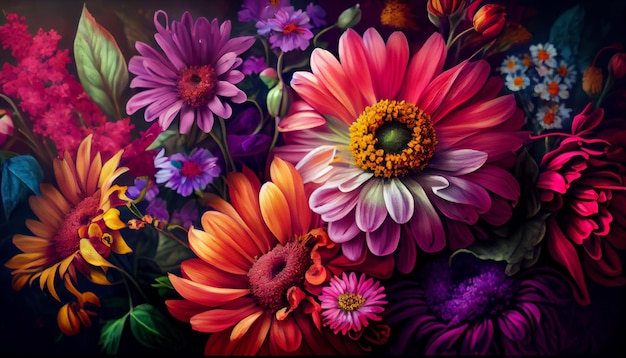 Summer bouquet of fresh gerbera daisies and chrysanthemums generated by AI