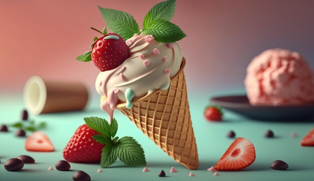 Summer gourmet dessert Fresh strawberry ice cream sundae generative AI