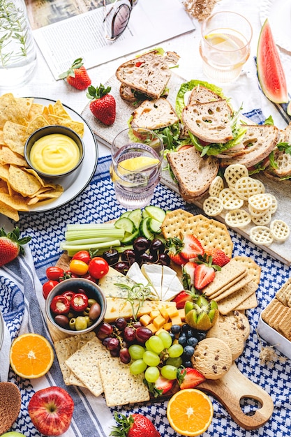 Free photo summer picnic with cheese board and sandwiches