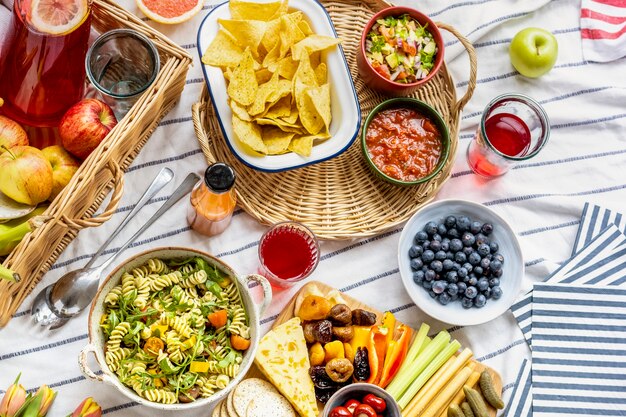 Summer picnic with finger foods and fresh fruit