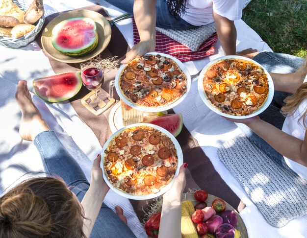 Summer picnic with friends in nature with food and drinks.