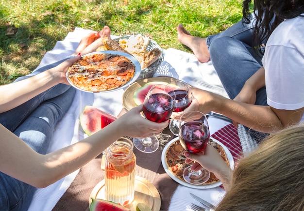 Free photo summer picnic with friends in nature with food and drinks.