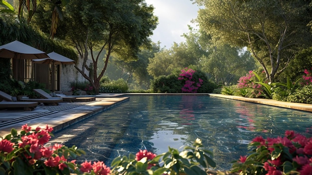 A summer retreat by the pool surrounded by nature