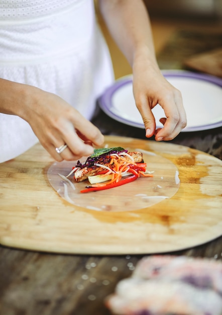 Free photo summer roll stuffed with fresh vegetables