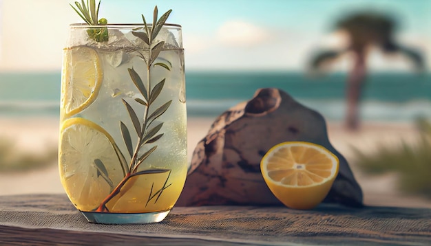 Summer table cocktail with fresh lemon slice generative AI