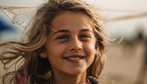 Sun kissed girl enjoys carefree summer fun outdoors generated by AI