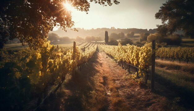 Sun kissed vineyard in tranquil Chianti region generated by AI