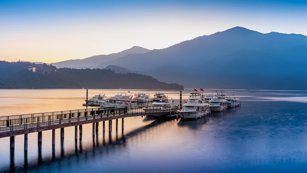 Sun Moon Lake at sunrise in Nantou, Taiwan.