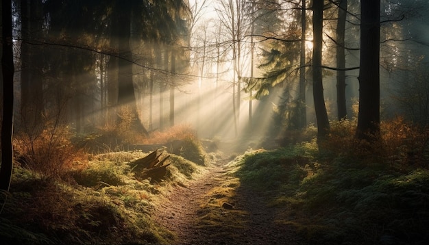 Free Photo sun rays in a forest with trees and a path