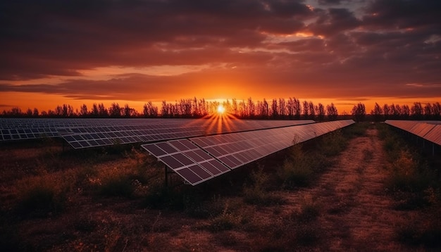 Sun sets on renewable energy futuristic landscape generated by AI