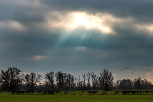 Free photo sun shining behind the dark clouds over the green field