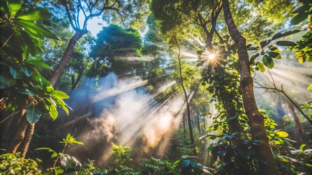 Sunbeams pierce through lush green foliage in a misty forest