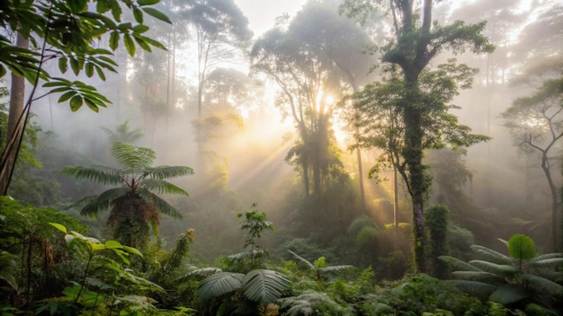 Free photo sunbeams pierce through misty rainforest canopy