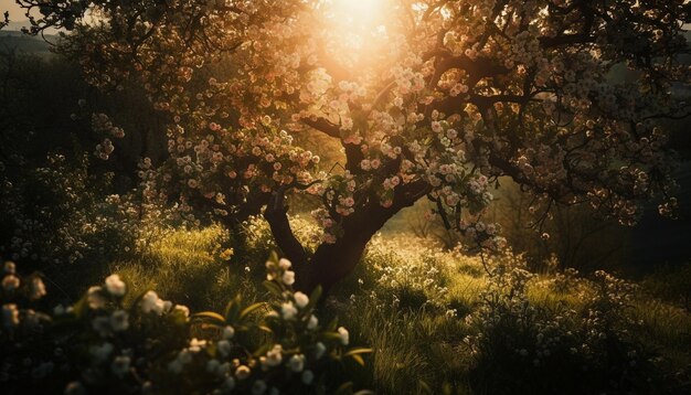 Sunlit tree branches a summer meadow's beauty generated by AI