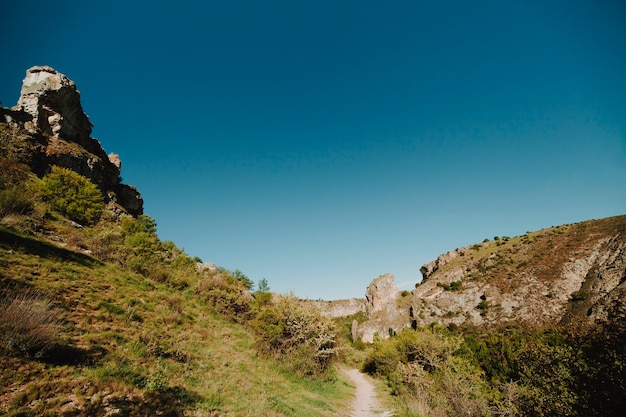 Sunny rocky landscape with vegetation