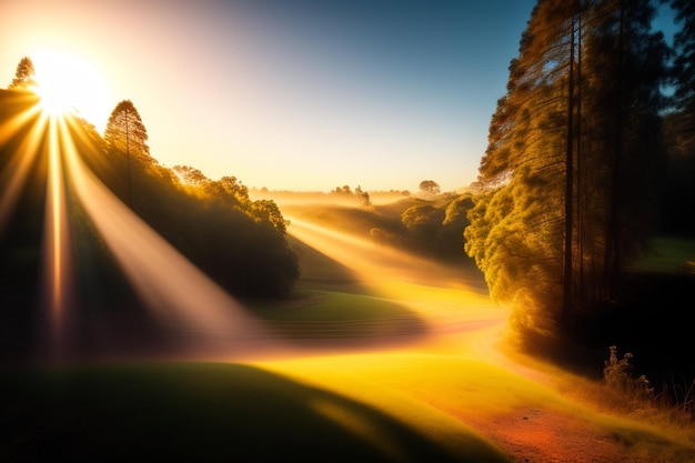 Free photo a sunrise over a golf course with the sun shining through the trees.