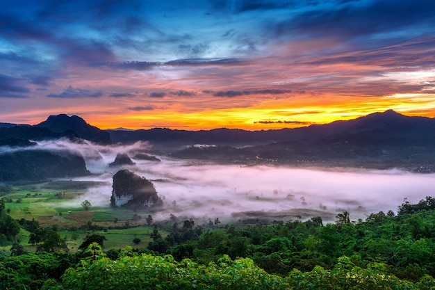 Sunrise on the morning mist at Phu Lang Ka, Phayao in Thailand.