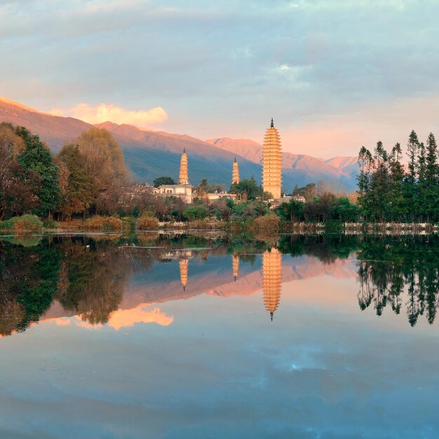 Sunrise with lake reflections in Dali, Yunnan, China.