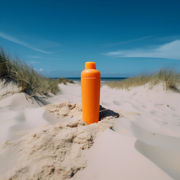 Free photo sunscreen bottle on the beach summer vacation and travel concept