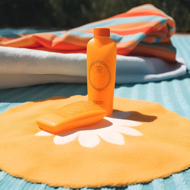 Free Photo sunscreen lotion bottle on a beach towel sun protection concept