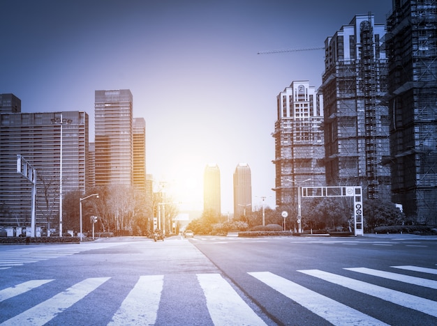 Sunset in the city with skyscrapers