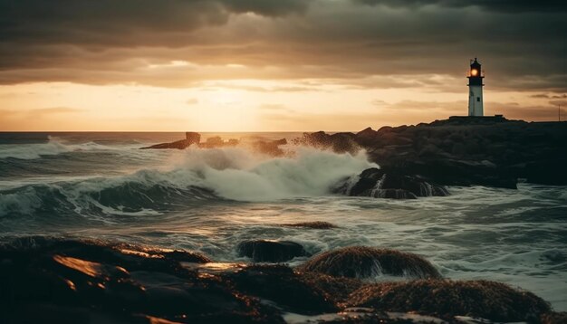 Sunset over the coastline waves breaking on rocks generated by AI