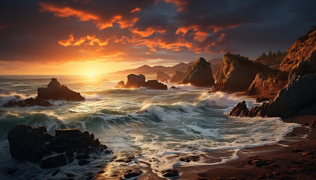 Sunset over the coastline waves crash on rocky cliffs generated by artificial intelligence