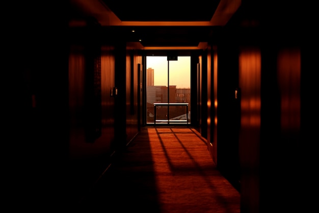 Sunset coming through the windows of a hotel