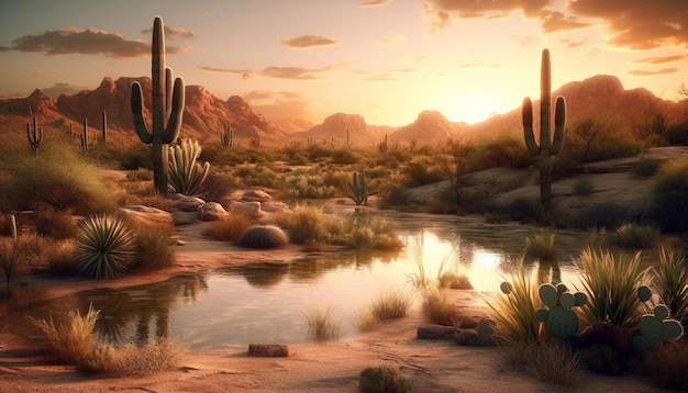 Free Photo sunset over the desert reveals nature tranquil beauty and reflection generated by artificial intelligence