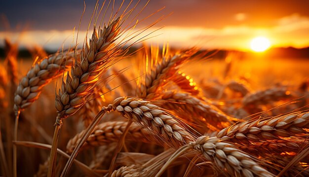 Sunset over a golden wheat field nature bountiful harvest generated by artificial intelligence