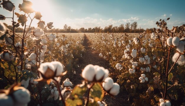 Sunset harvest of fluffy cotton on farm generated by AI