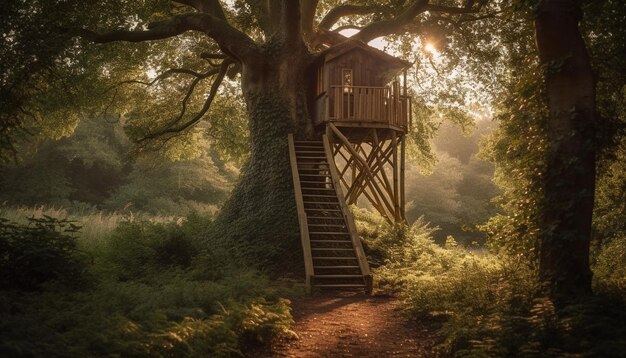 Sunset illuminates abandoned hut in spooky forest generated by AI