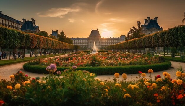 Sunset illuminates famous architecture in formal garden generated by AI