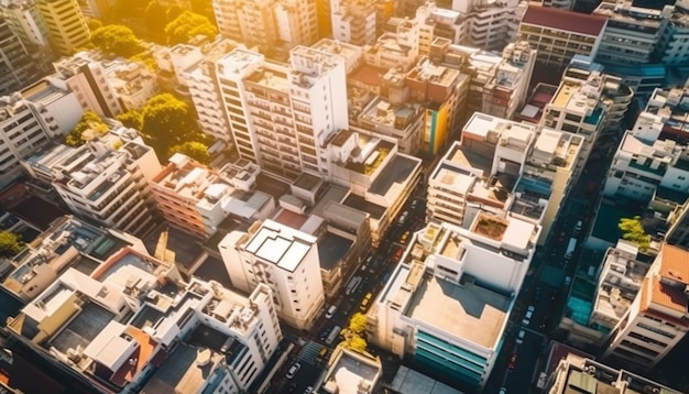 Sunset illuminates modern city skyline high above crowded street traffic generated by AI