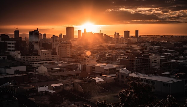 Free Photo sunset illuminates modern city skyline high up generated by ai