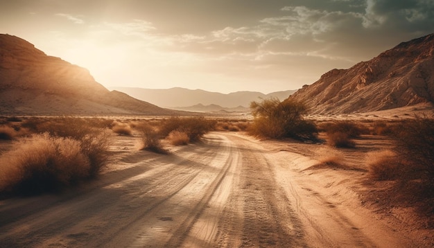 Sunset illuminates tranquil mountain range breathtaking beauty revealed generated by AI